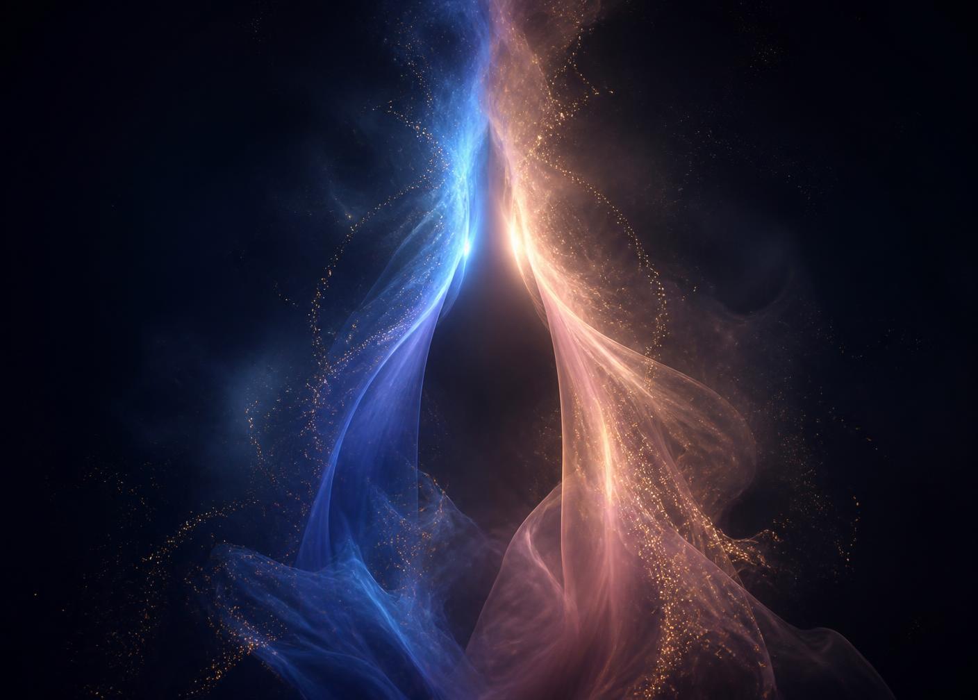 Indigo and gold currents of light balancing around one central axis