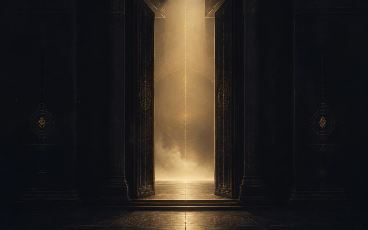 A dark sacred doorway opening into soft golden light