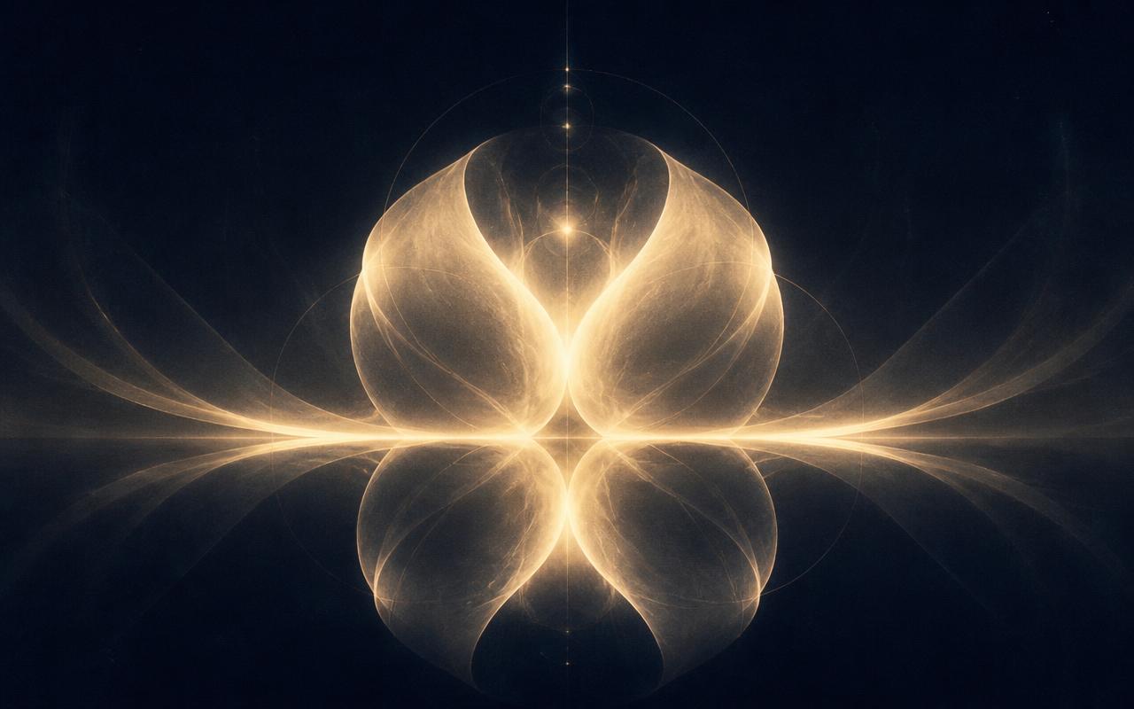 Two luminous forms reflected across a still dark surface