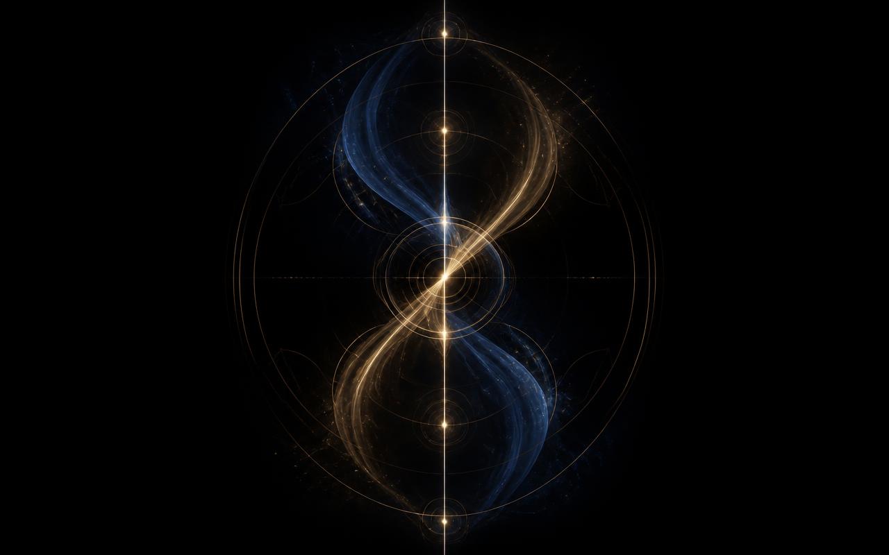 Indigo and gold streams balancing around one central axis
