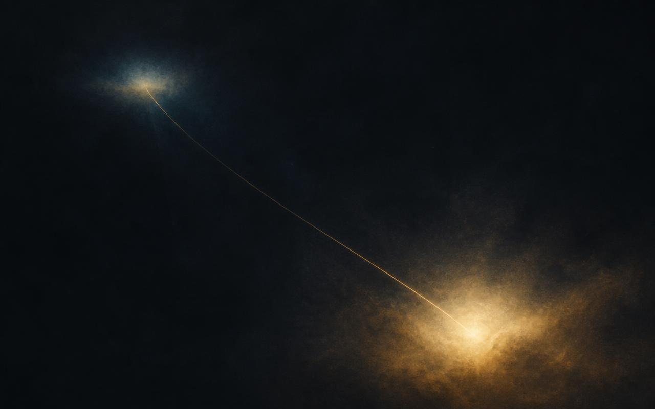 Two distant fields of light joined by a single fine golden thread