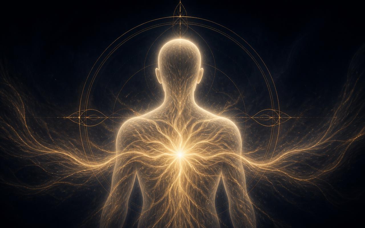 A luminous figure with light returning inward to the heart