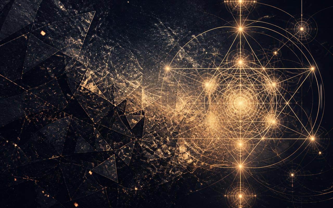 Fragmented shadow geometry transmuting into refined golden geometry