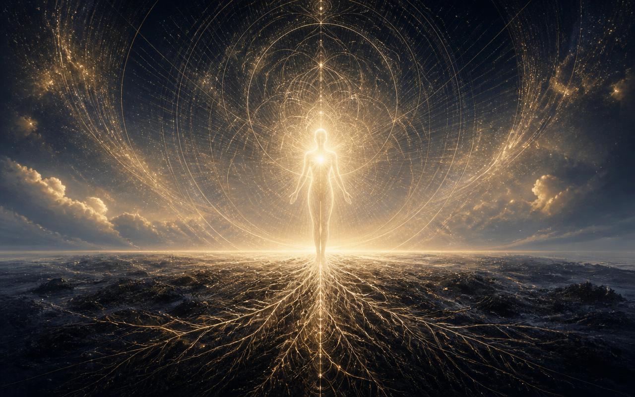 A grounded figure of light radiating outward into the world