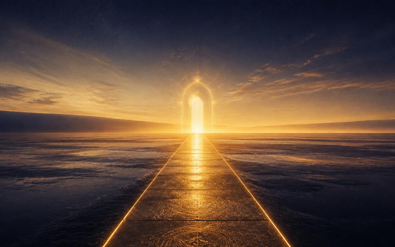 A luminous pathway extending toward an open golden horizon